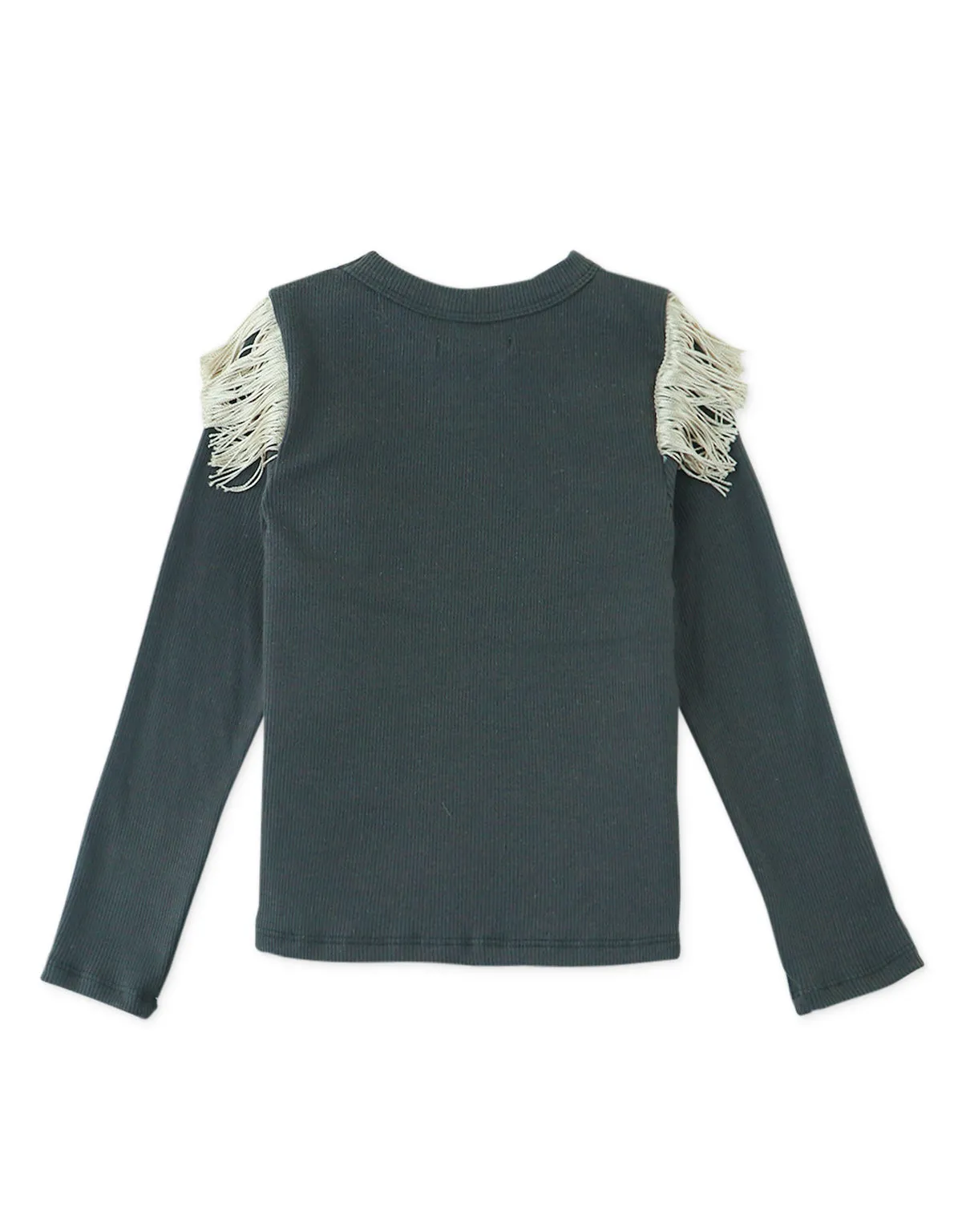 GIRLS RIBBED KNIT TOP WITH FRINGE DETAIL