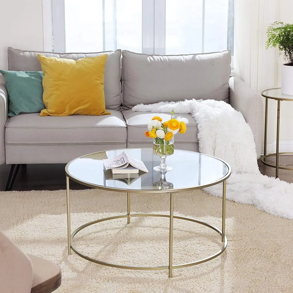 Gold Round Glass Coffee Table with Steel Frame & Adjustable Feet