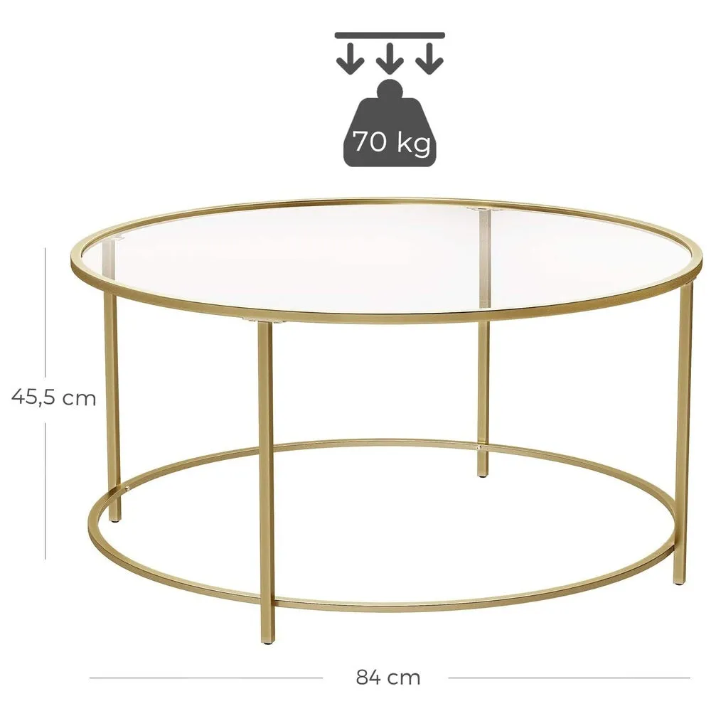 Gold Round Glass Coffee Table with Steel Frame & Adjustable Feet