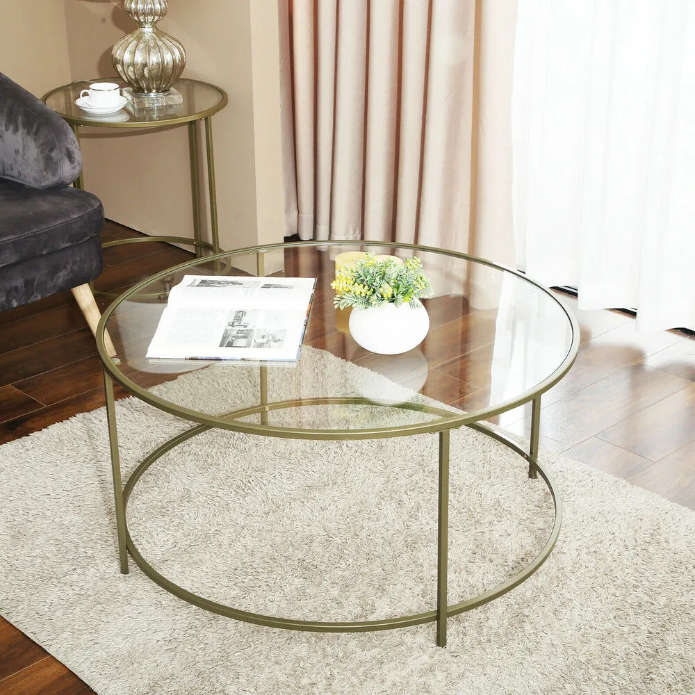 Gold Round Glass Coffee Table with Steel Frame & Adjustable Feet