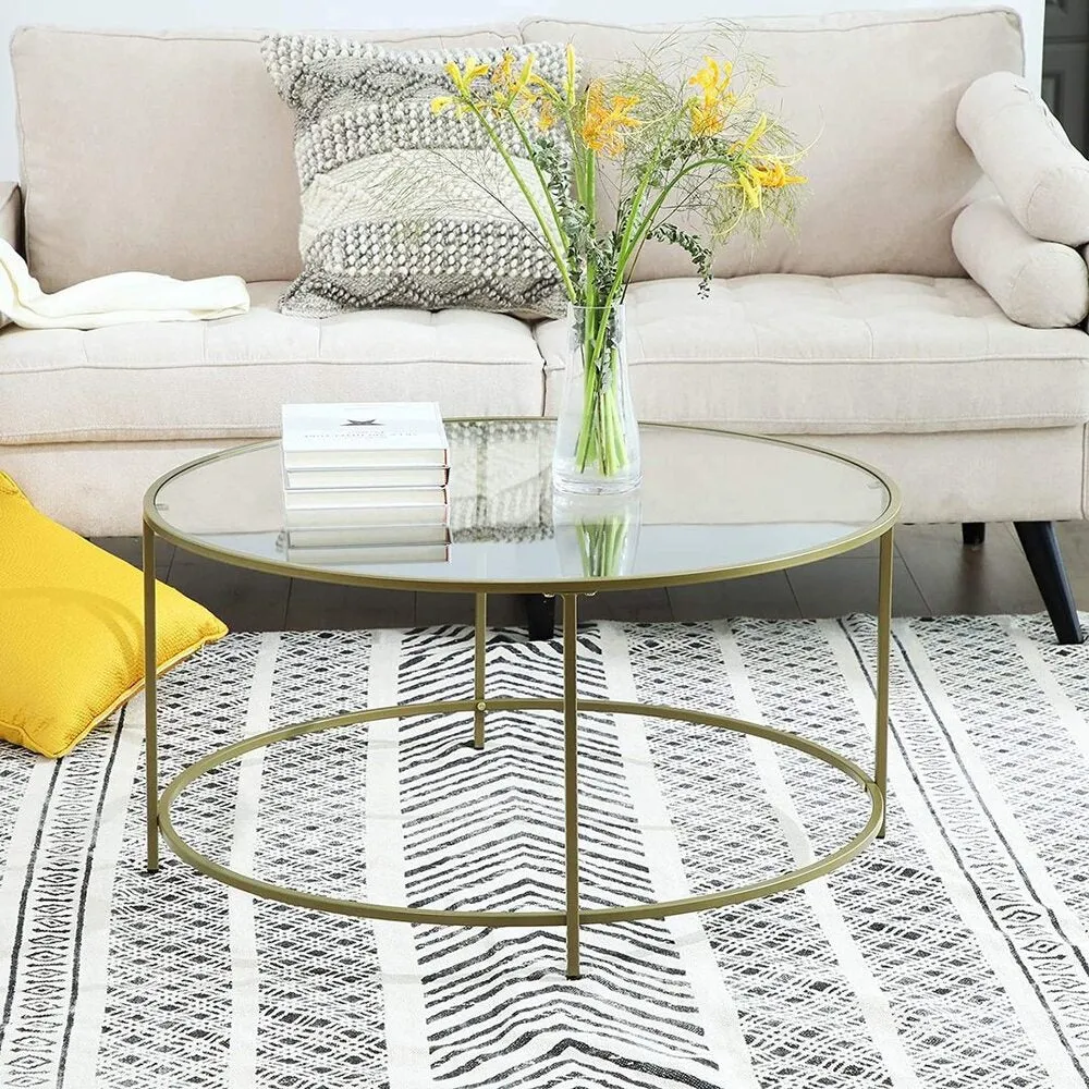 Gold Round Glass Coffee Table with Steel Frame & Adjustable Feet