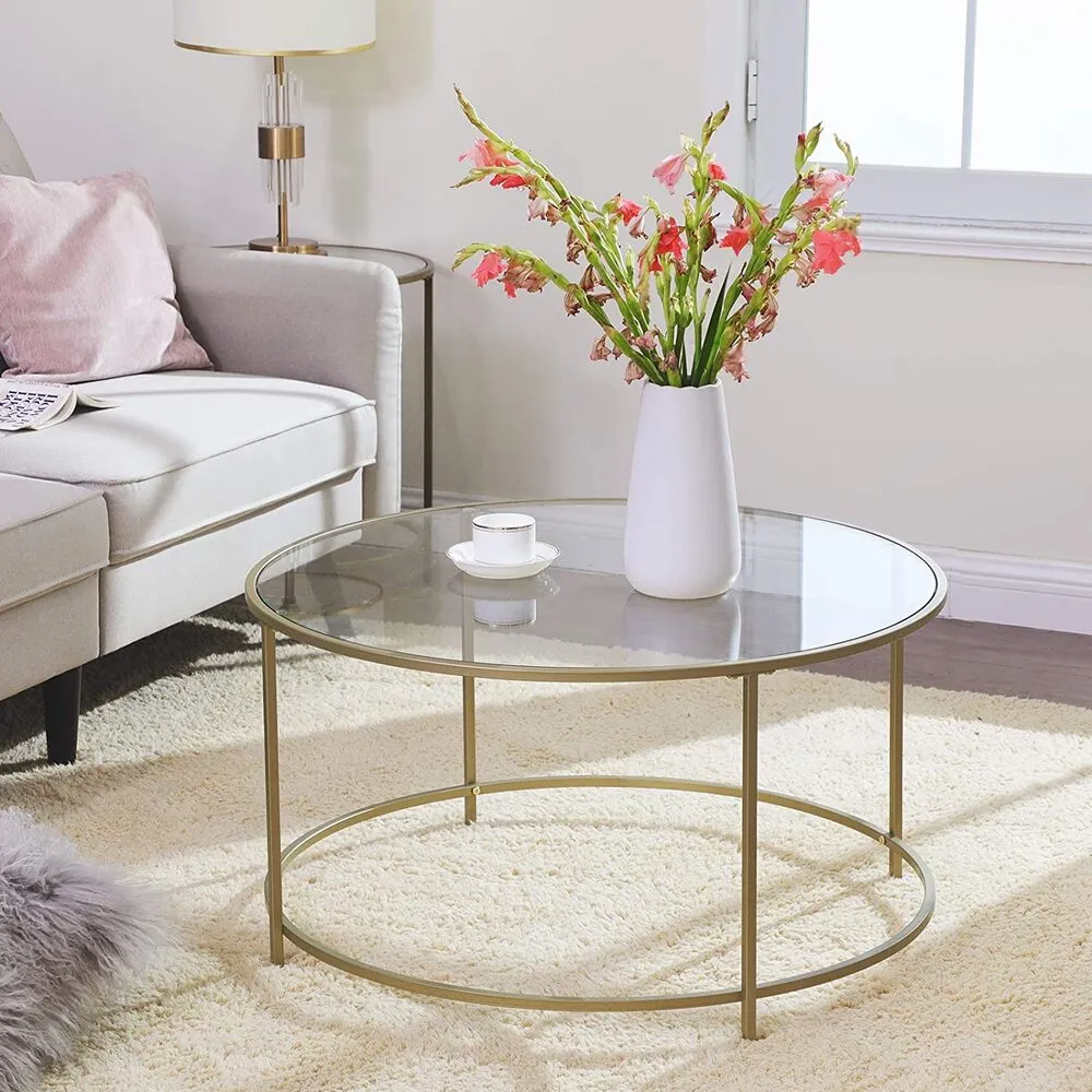 Gold Round Glass Coffee Table with Steel Frame & Adjustable Feet