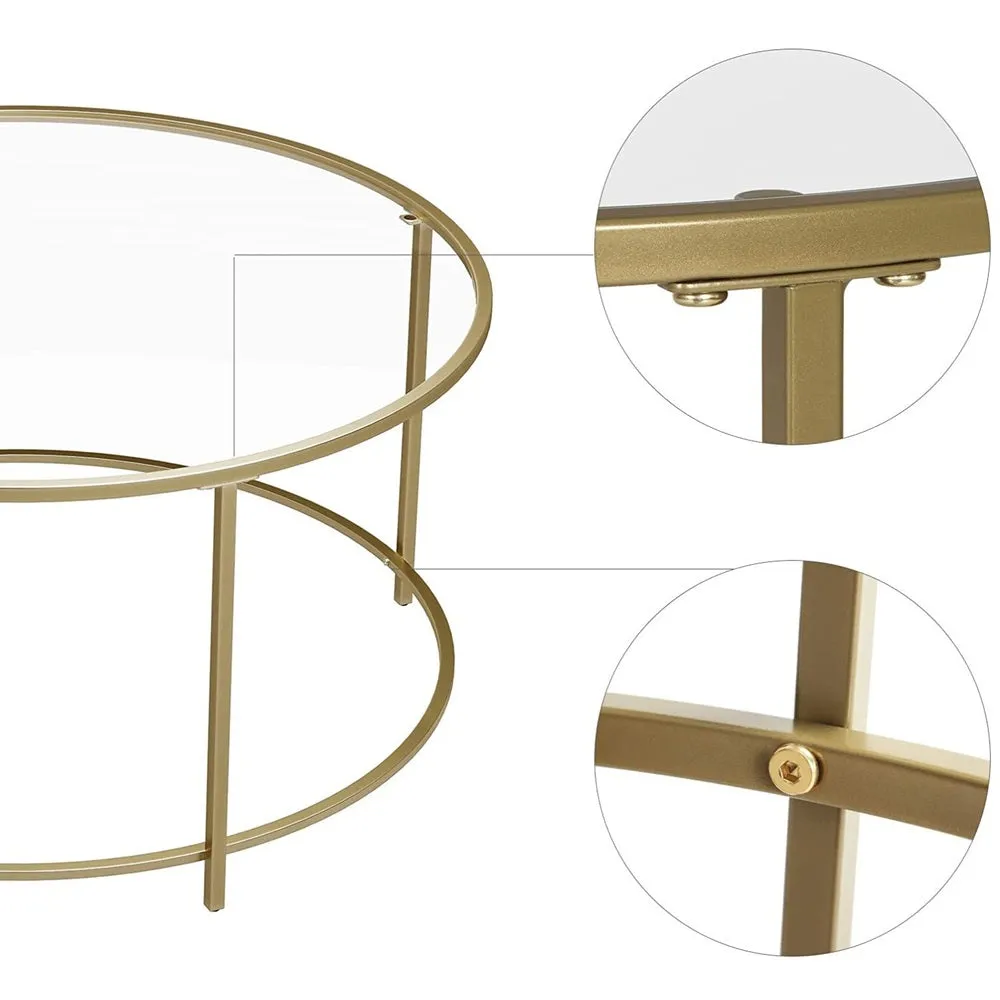 Gold Round Glass Coffee Table with Steel Frame & Adjustable Feet