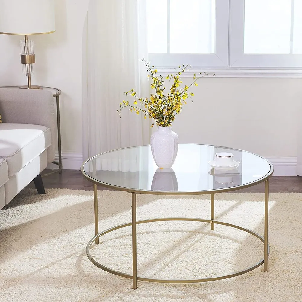 Gold Round Glass Coffee Table with Steel Frame & Adjustable Feet