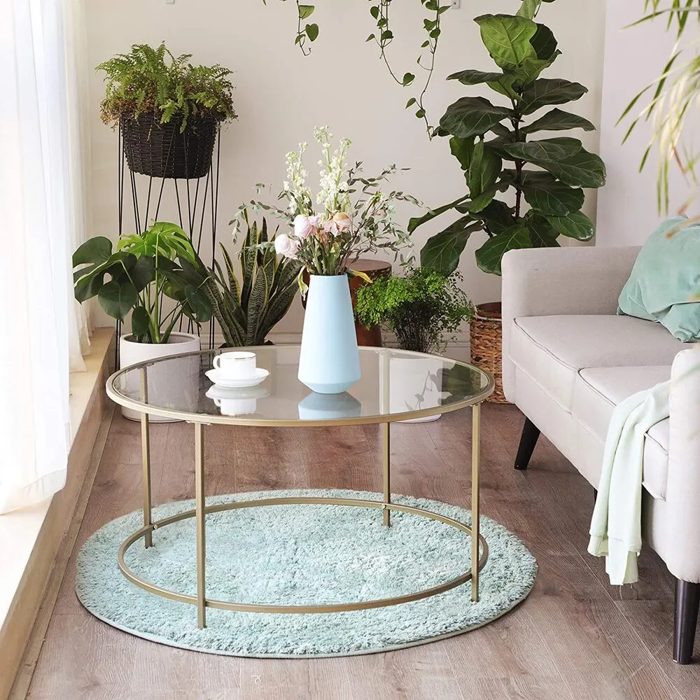 Gold Round Glass Coffee Table with Steel Frame & Adjustable Feet