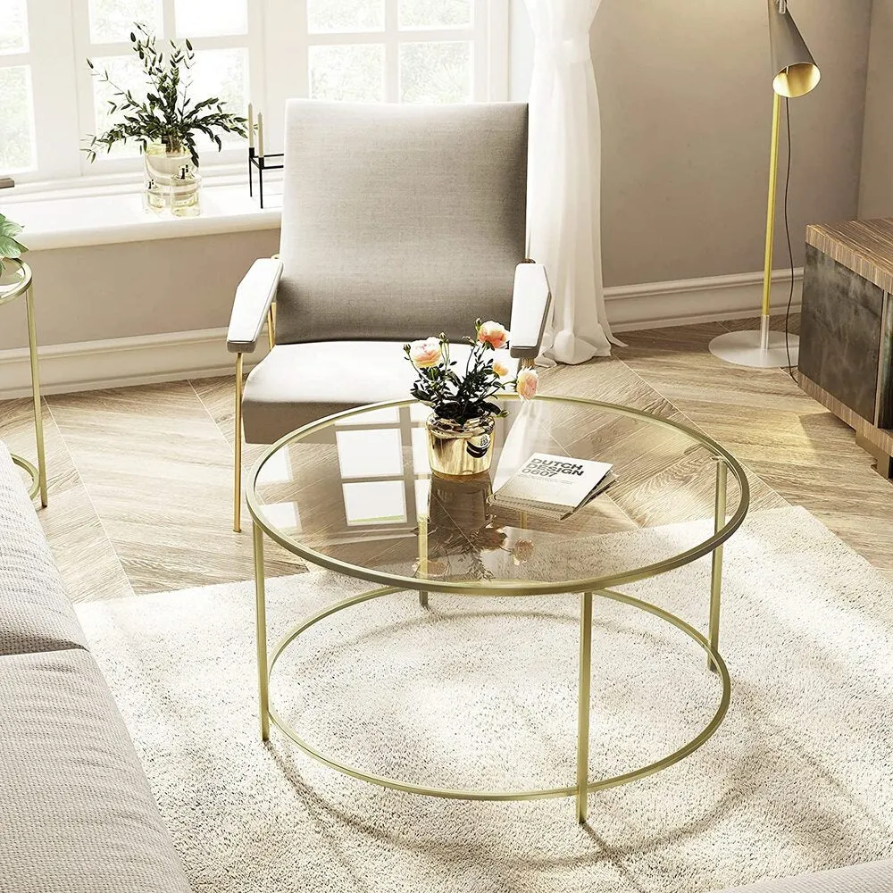 Gold Round Glass Coffee Table with Steel Frame & Adjustable Feet