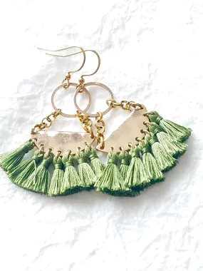 Green Fringe Semi Circle Crescent Dangle Boho Chic Earrings, The Fern Earrings