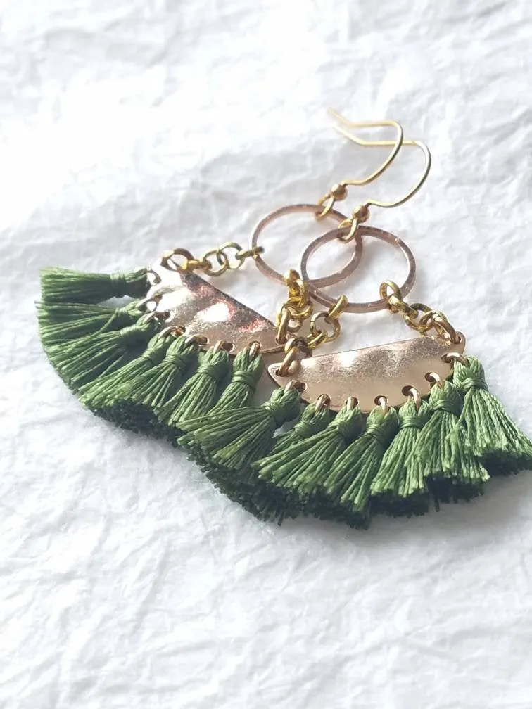 Green Fringe Semi Circle Crescent Dangle Boho Chic Earrings, The Fern Earrings