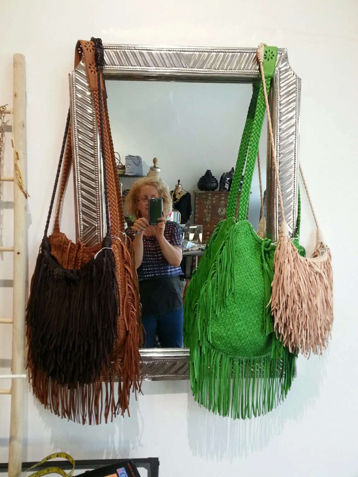 Hand Woven Leather Clutch With Fringe And Tassel Metallic - Crossbody Strap