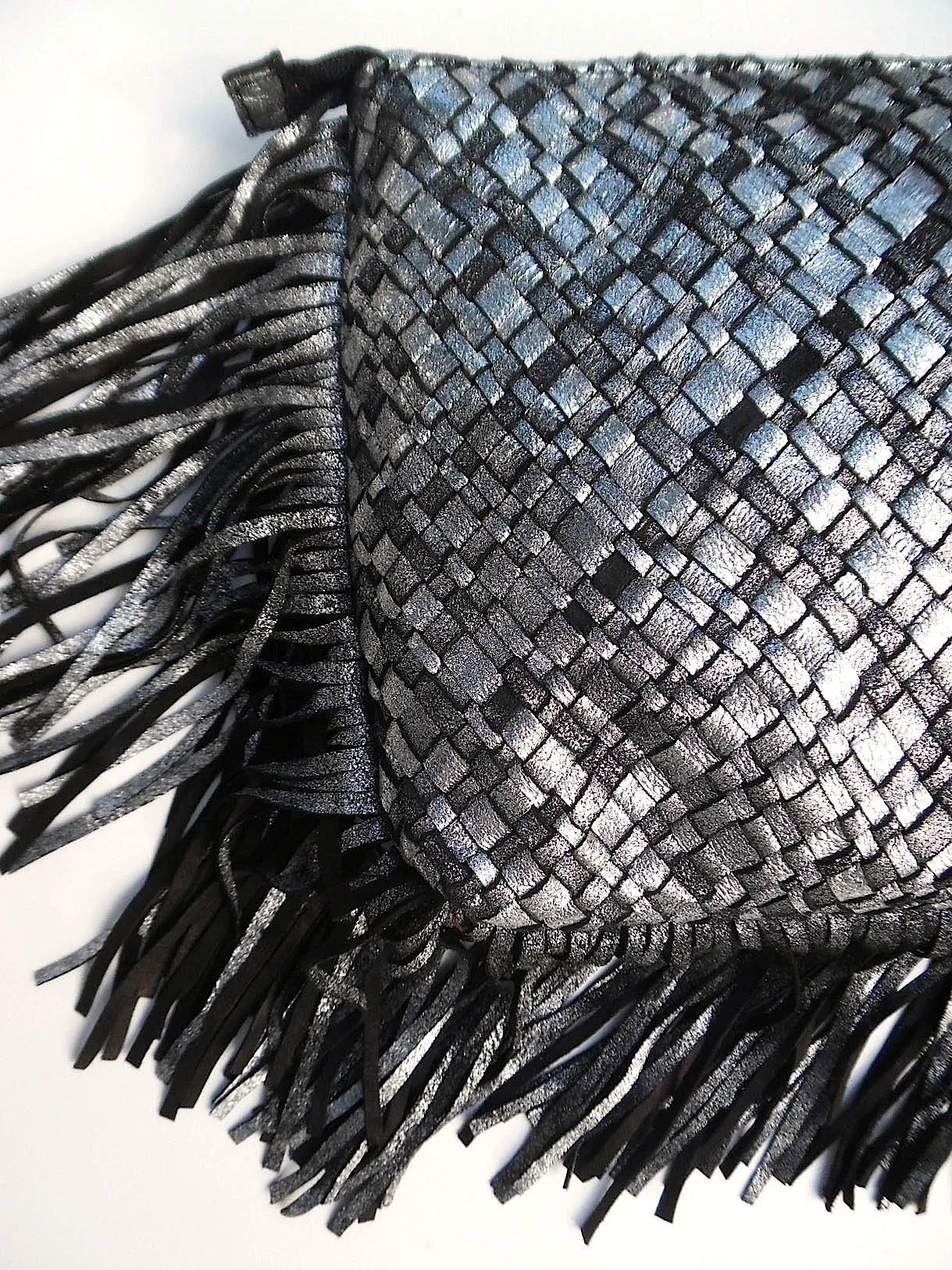 Hand Woven Leather Clutch With Fringe And Tassel Metallic - Crossbody Strap