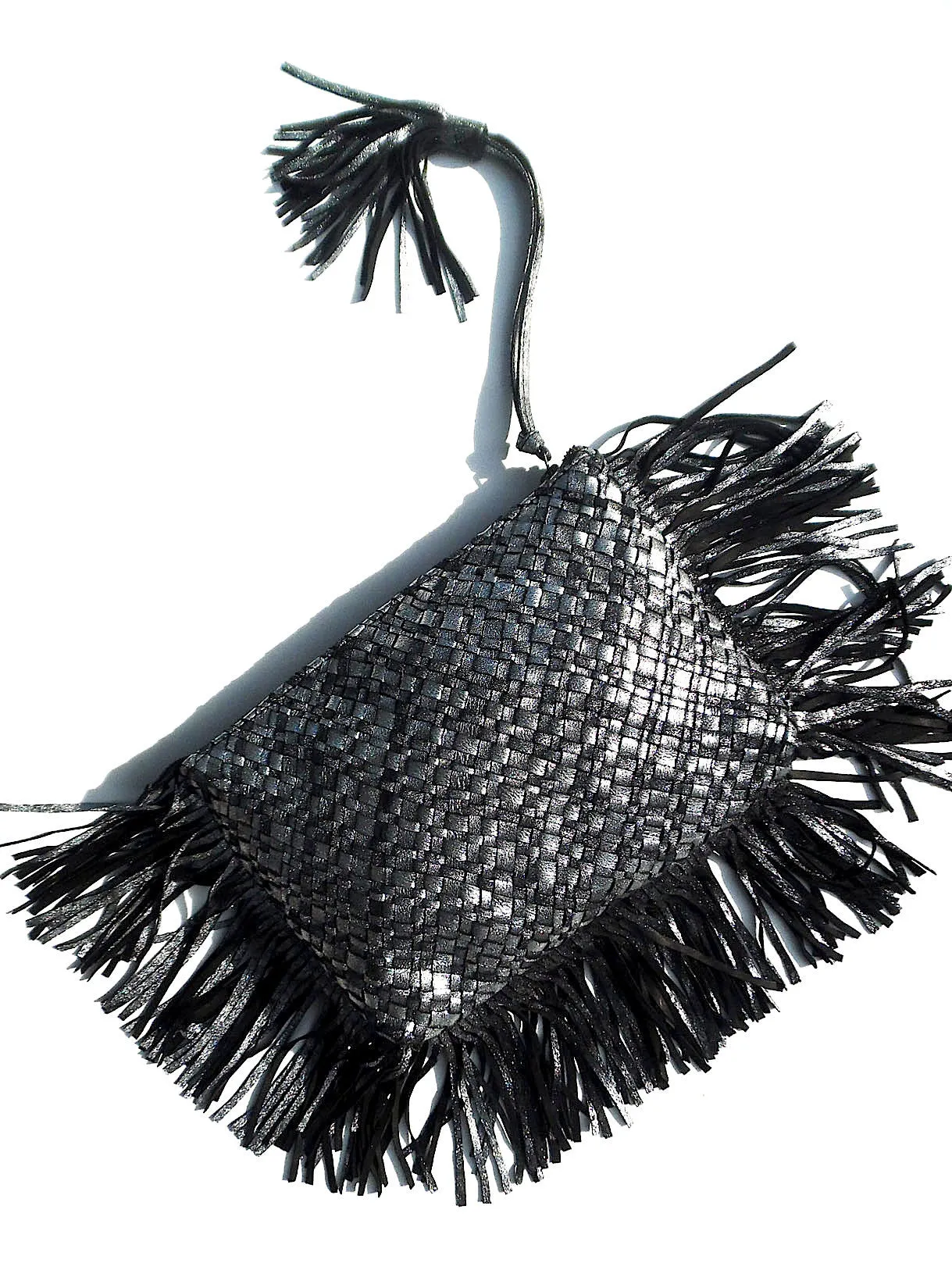 Hand Woven Leather Clutch With Fringe And Tassel Metallic - Crossbody Strap