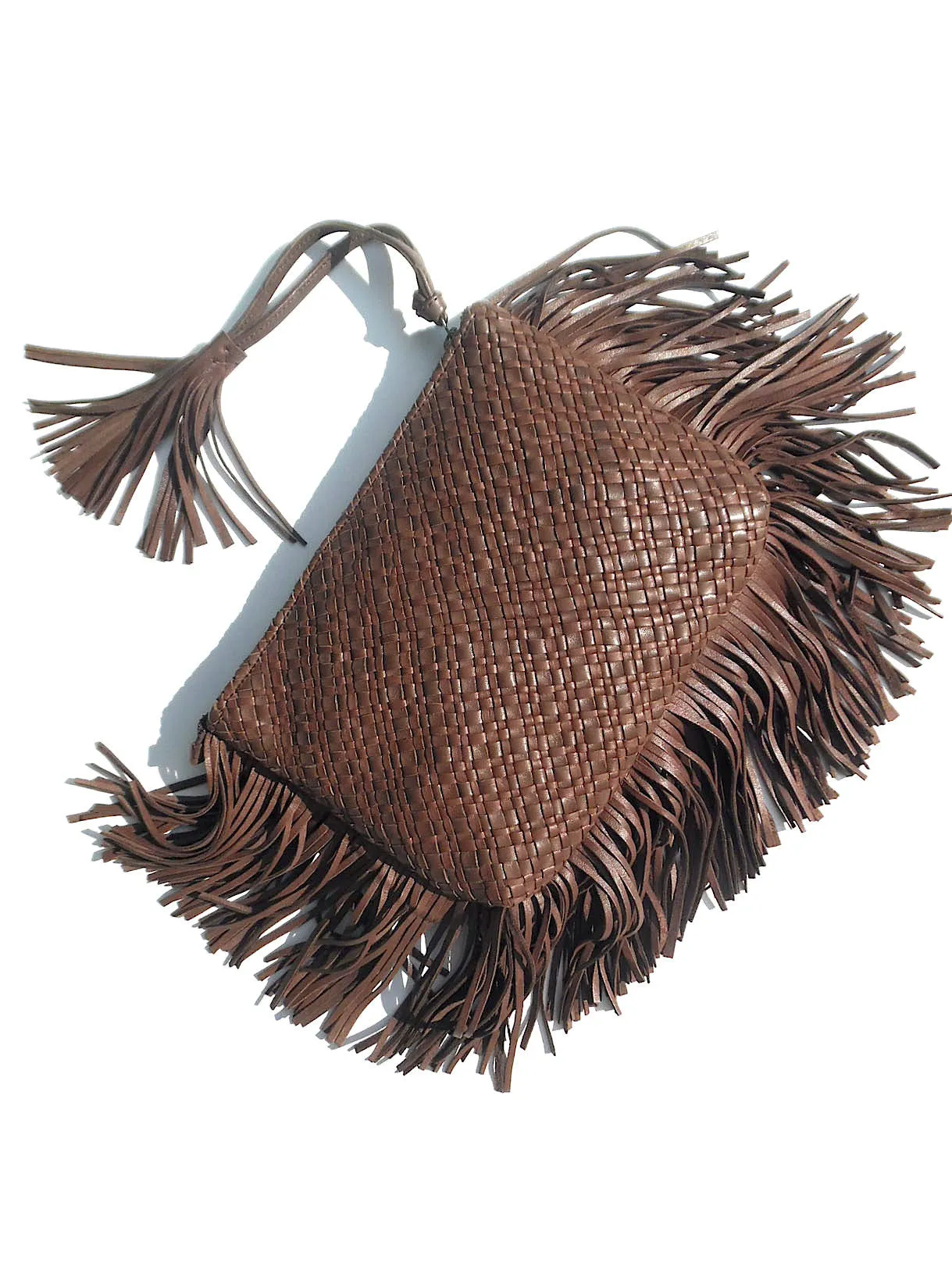 Hand Woven Leather Clutch With Fringe And Tassel Metallic - Crossbody Strap