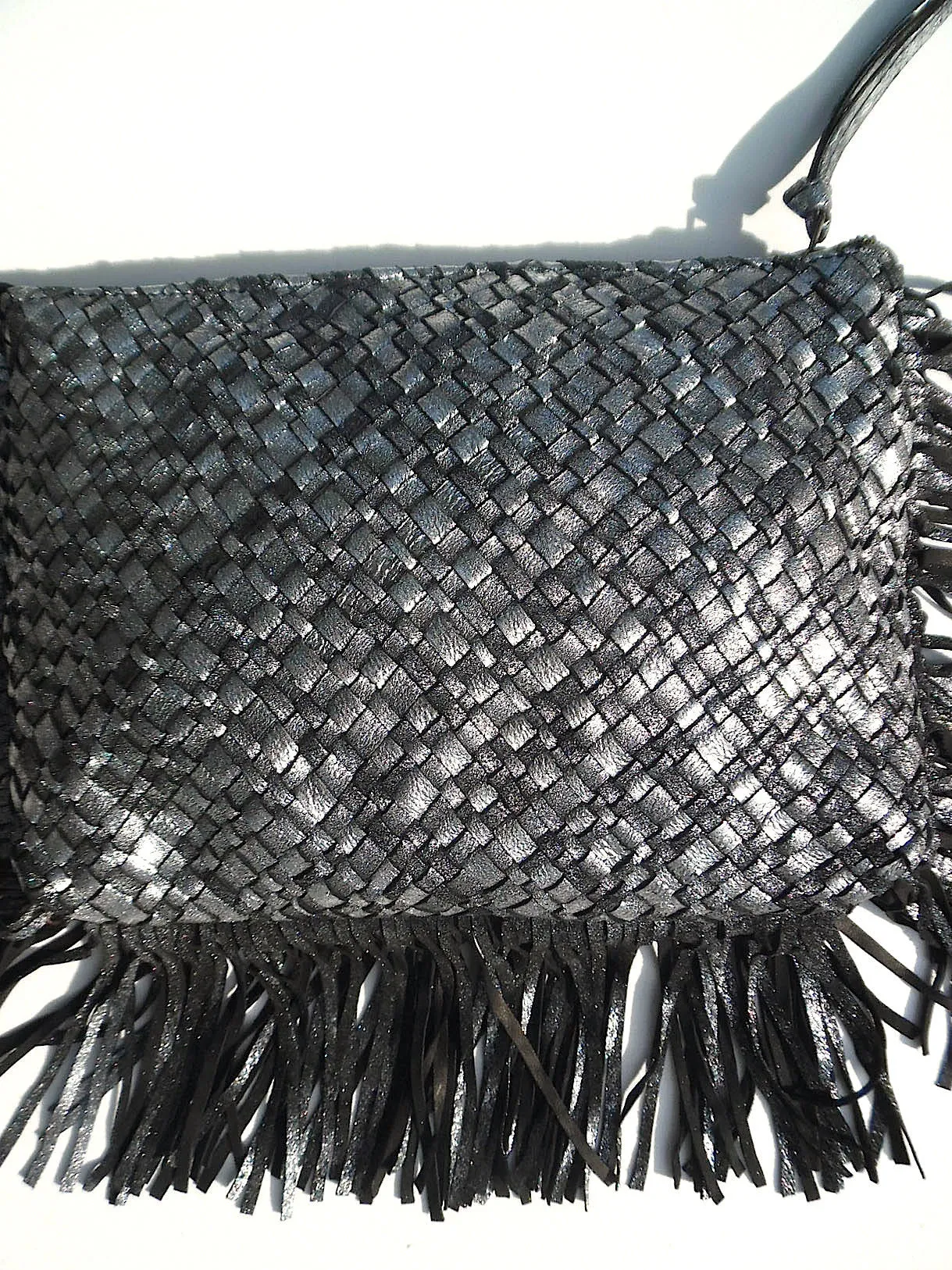 Hand Woven Leather Clutch With Fringe And Tassel Metallic - Crossbody Strap