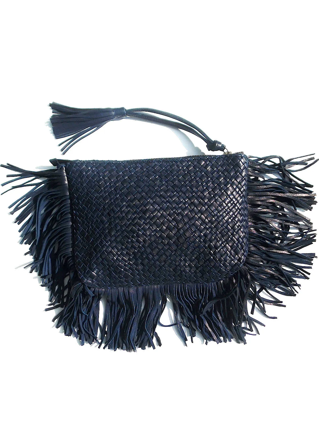 Hand Woven Leather Clutch With Fringe And Tassel Metallic - Crossbody Strap