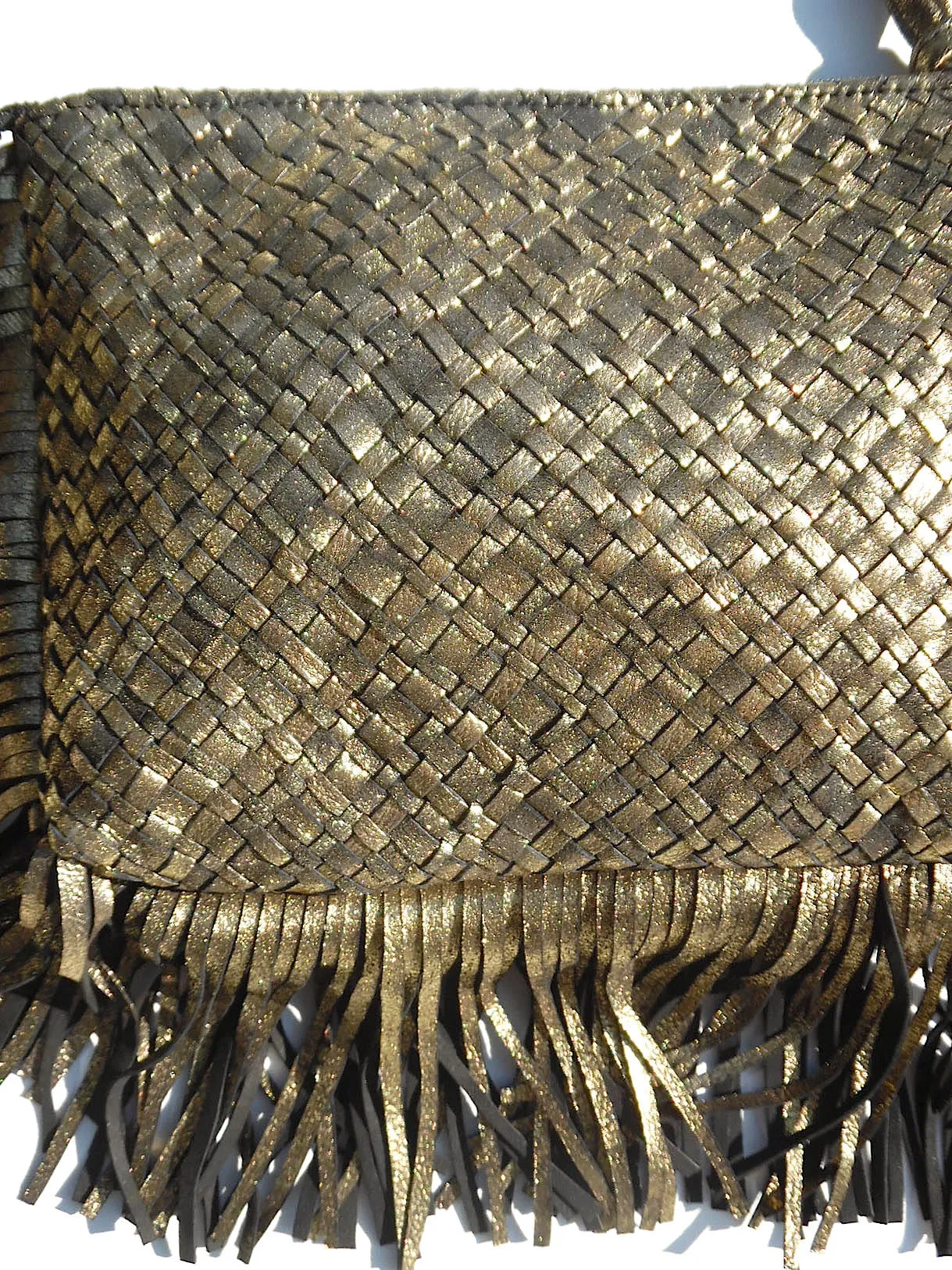 Hand Woven Leather Clutch With Fringe And Tassel Metallic - Crossbody Strap