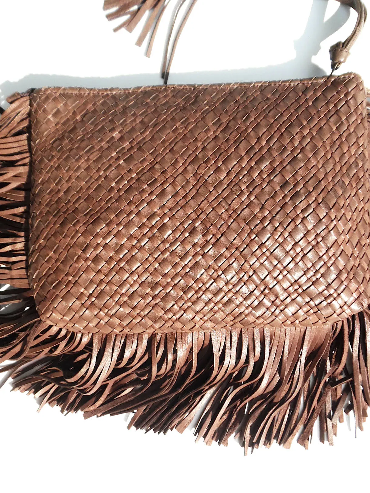 Hand Woven Leather Clutch With Fringe And Tassel Metallic - Crossbody Strap