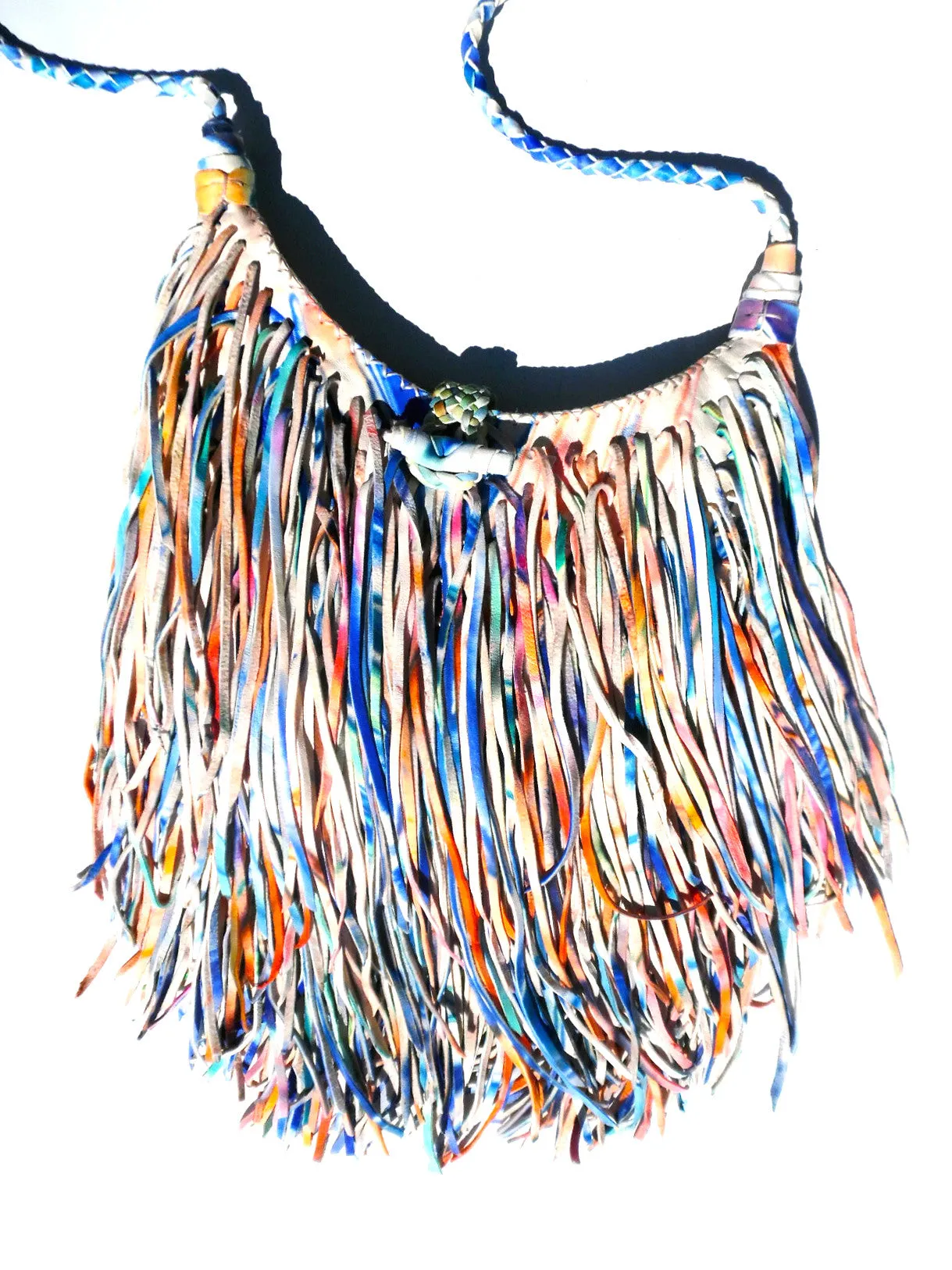 Hand Woven Leather Clutch With Fringe And Tassel Metallic - Crossbody Strap