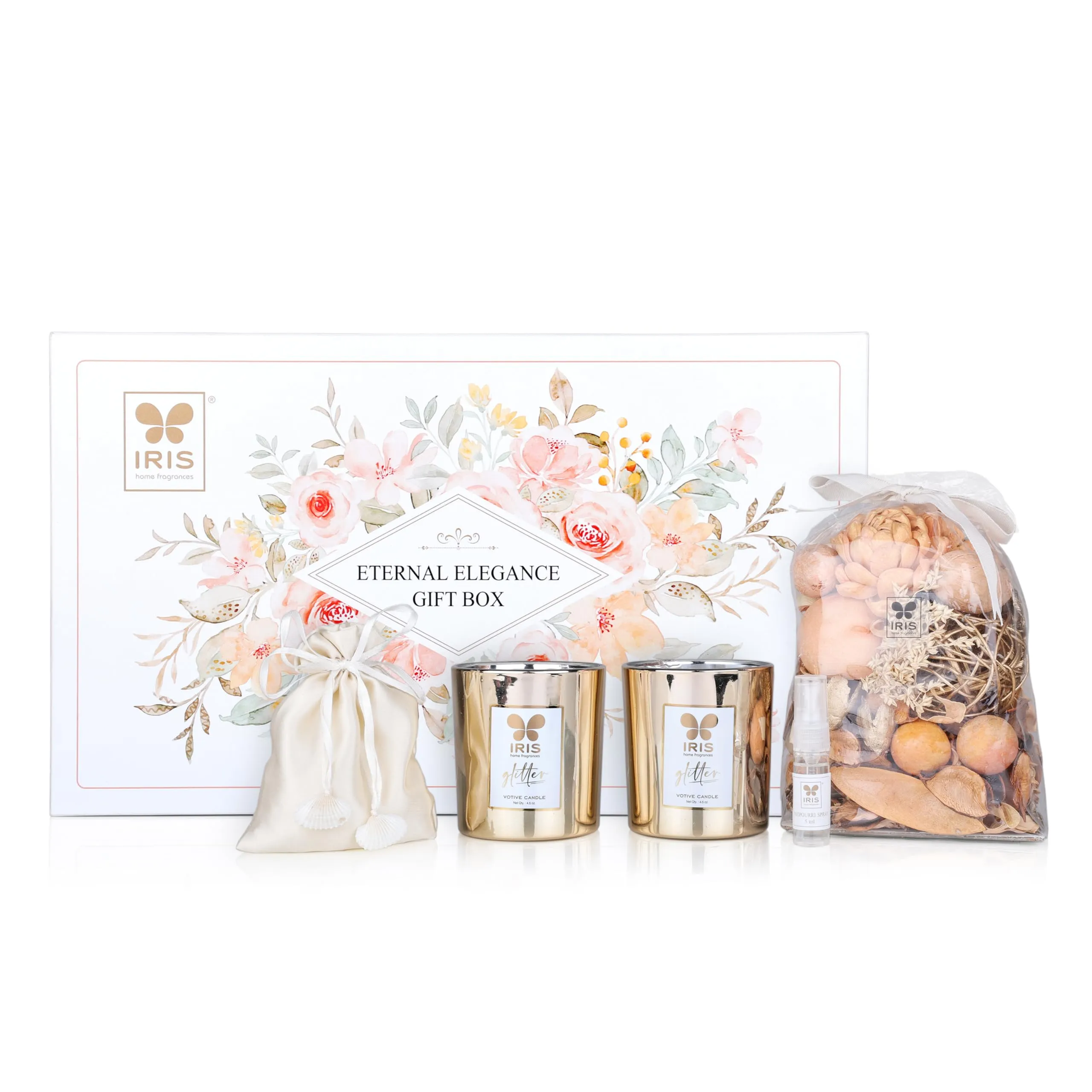 IRIS Eternal Elegance Gift Box/home decor/corporate gifts/for all occasion for women & Men/The box contains Potpourri-150g,Potpourri refresher Oil - 5ml, Votive candle-90g(BT-18hr),Eva beads-100g.