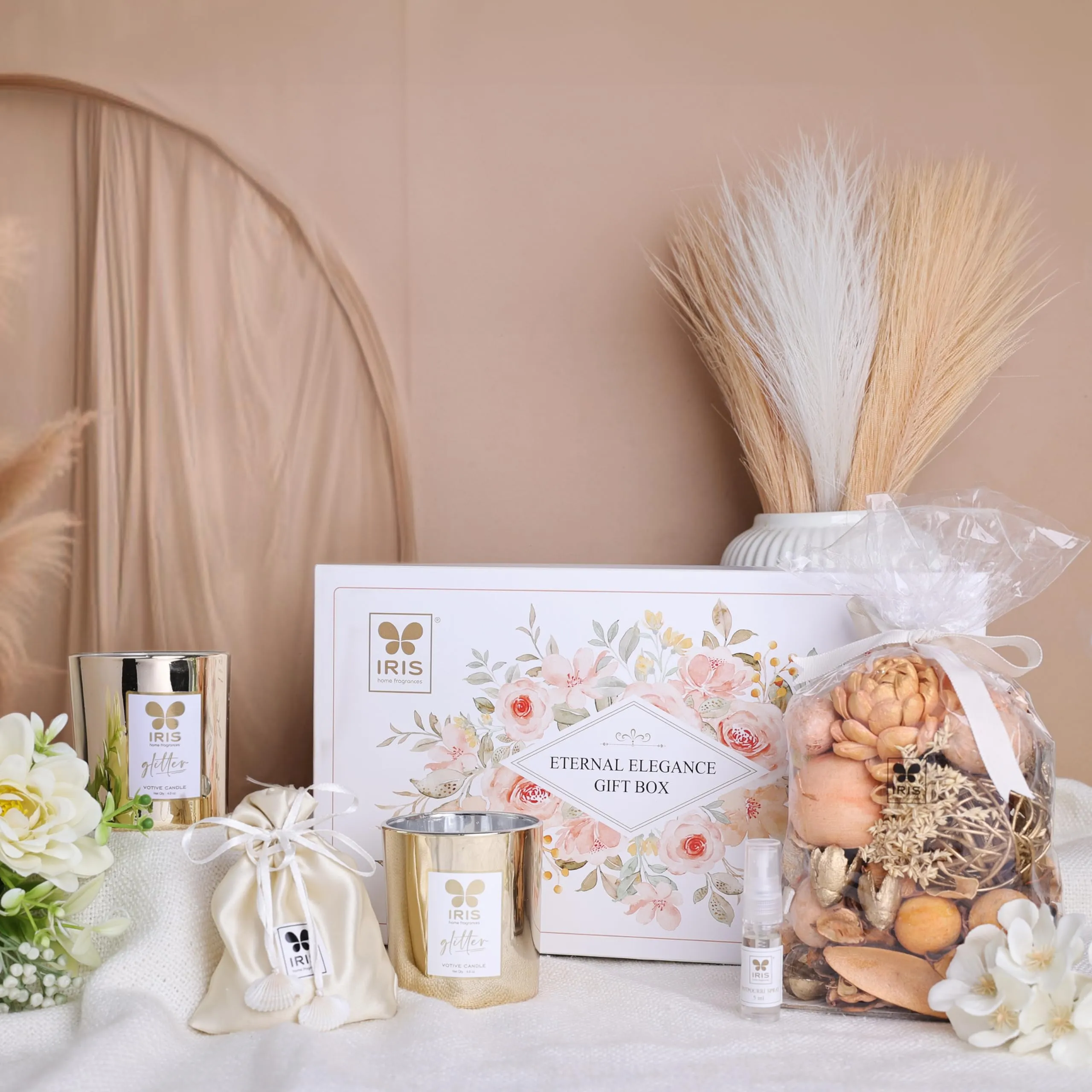 IRIS Eternal Elegance Gift Box/home decor/corporate gifts/for all occasion for women & Men/The box contains Potpourri-150g,Potpourri refresher Oil - 5ml, Votive candle-90g(BT-18hr),Eva beads-100g.