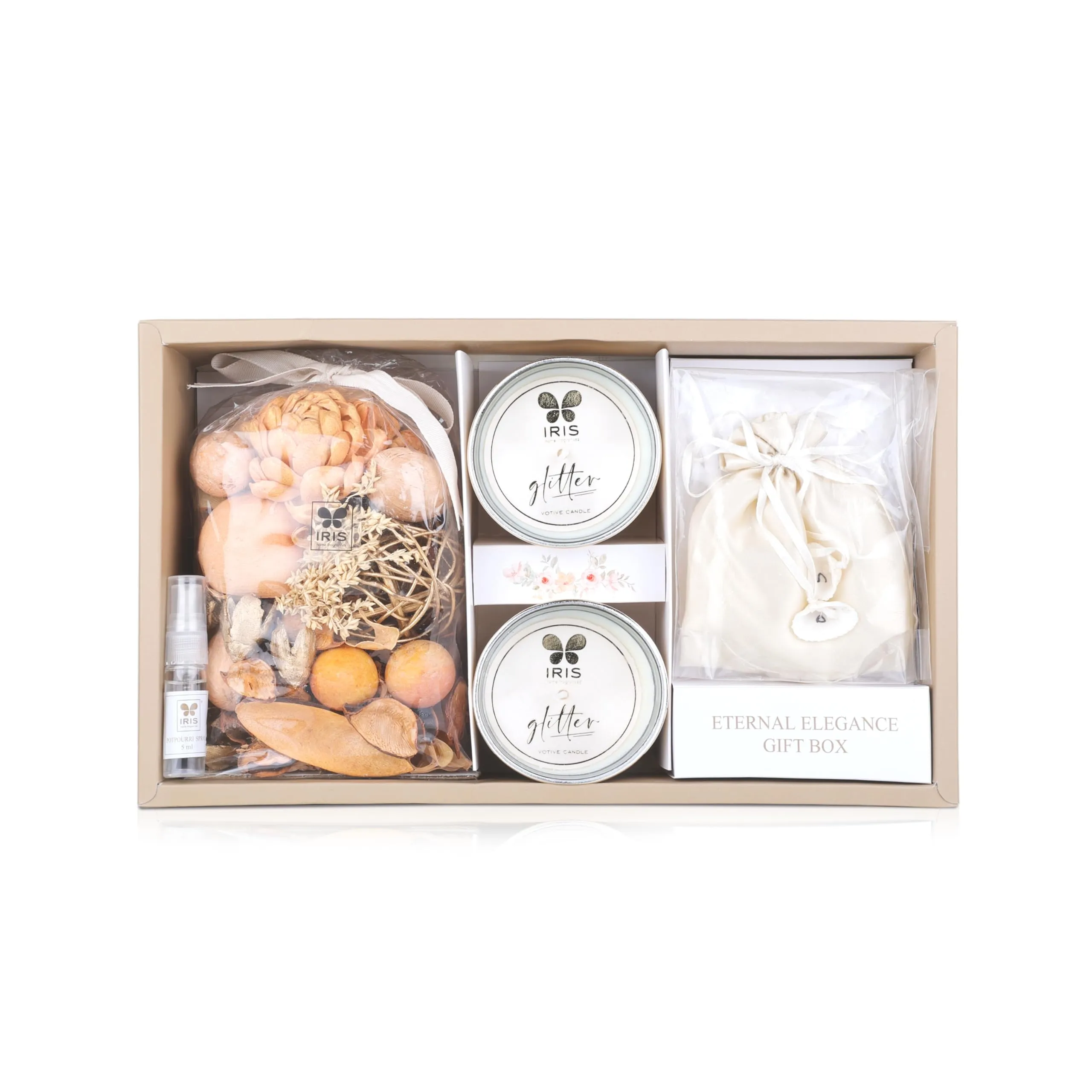 IRIS Eternal Elegance Gift Box/home decor/corporate gifts/for all occasion for women & Men/The box contains Potpourri-150g,Potpourri refresher Oil - 5ml, Votive candle-90g(BT-18hr),Eva beads-100g.