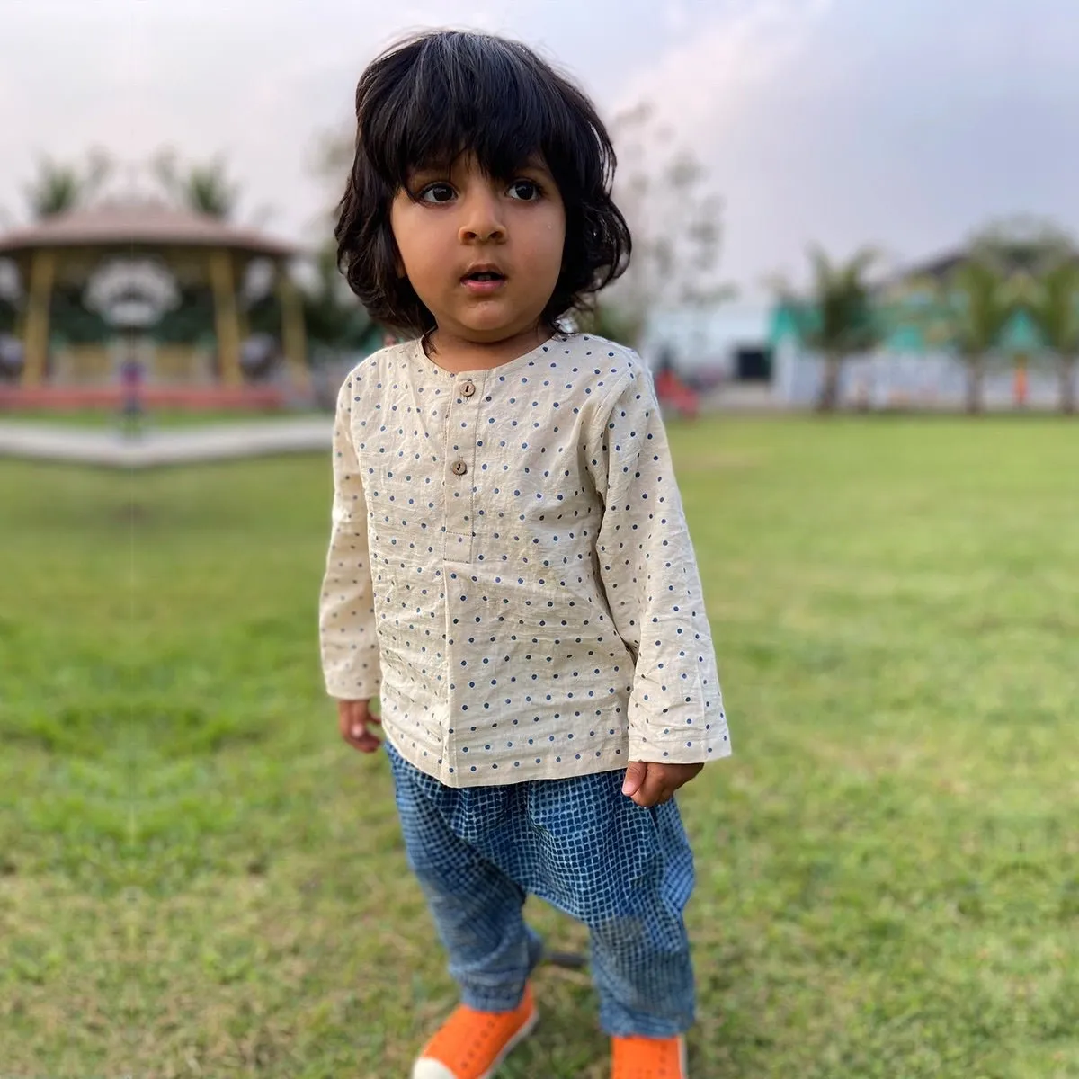 Kids Unisex Organic Cotton Raidana Kurta and Check Pants- Indigo