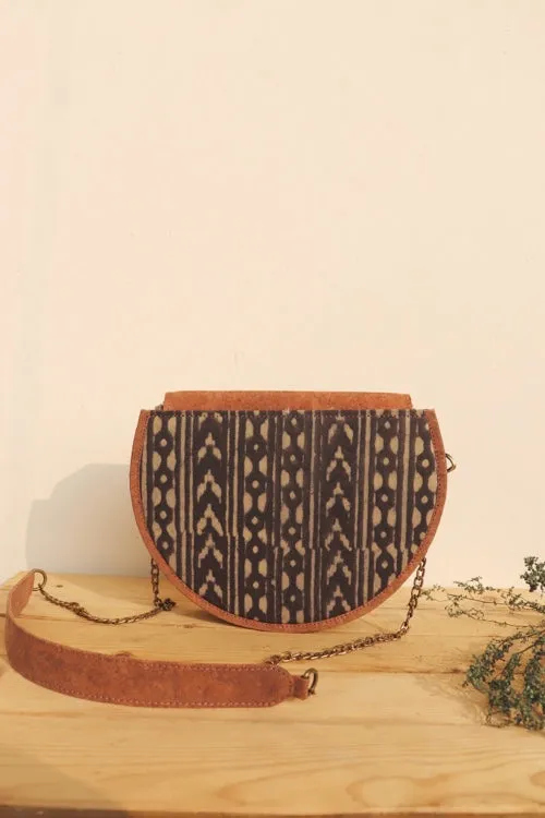 Kirgiti Vegan Leather and Dabu Printed Canvas Brown Arrow Moon sling