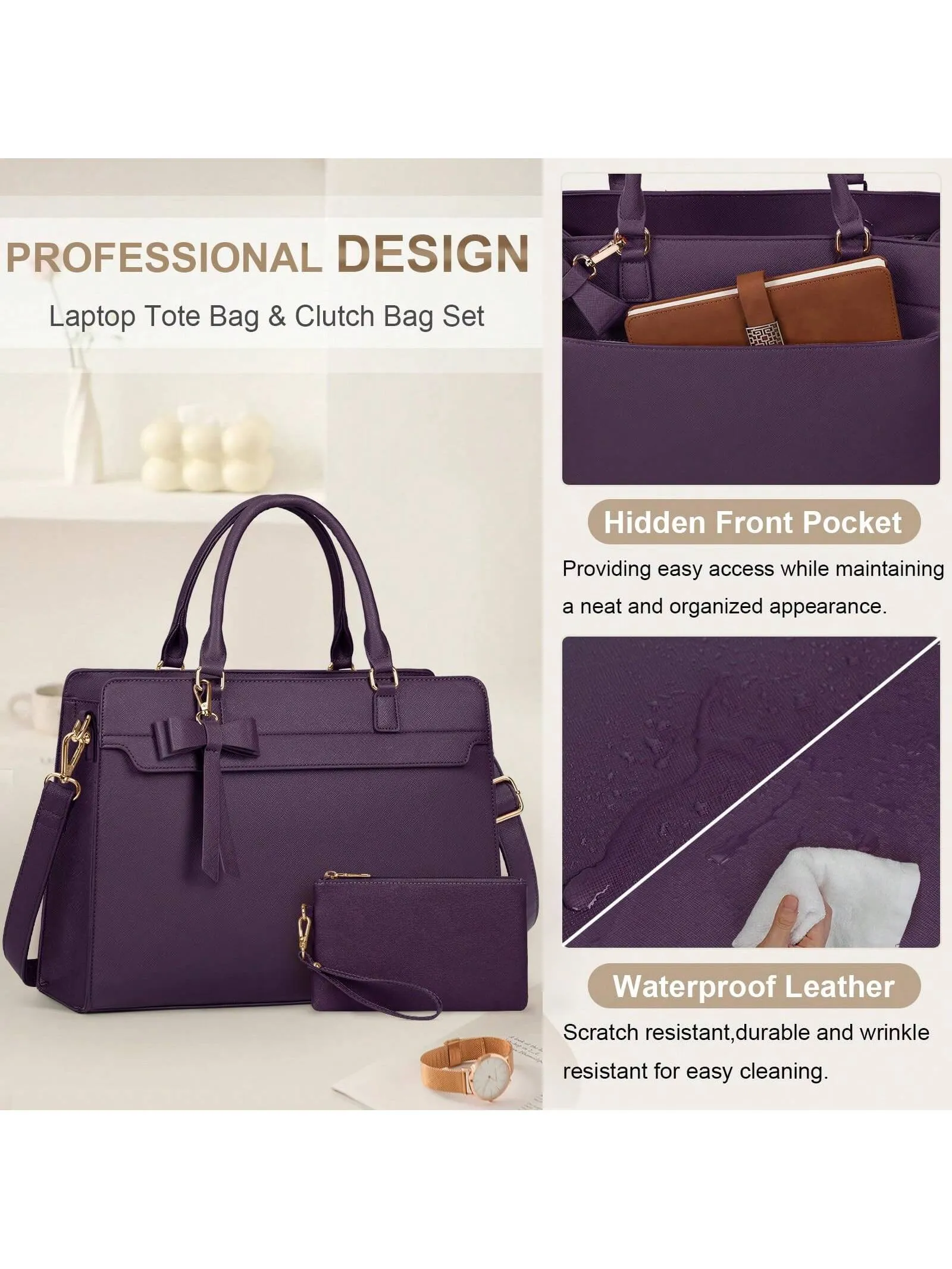 Laptop Bag For Women 15.6 Inch Leather Laptop Tote Bag Large Computer Bag Waterproof Business Office Work Bag Briefcase With Satchel Purse 2pcs Set