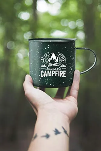 Life is Better Around the Campfire Tin Enamel Camping Coffee Mug (Forest Green, 16 Ounce)