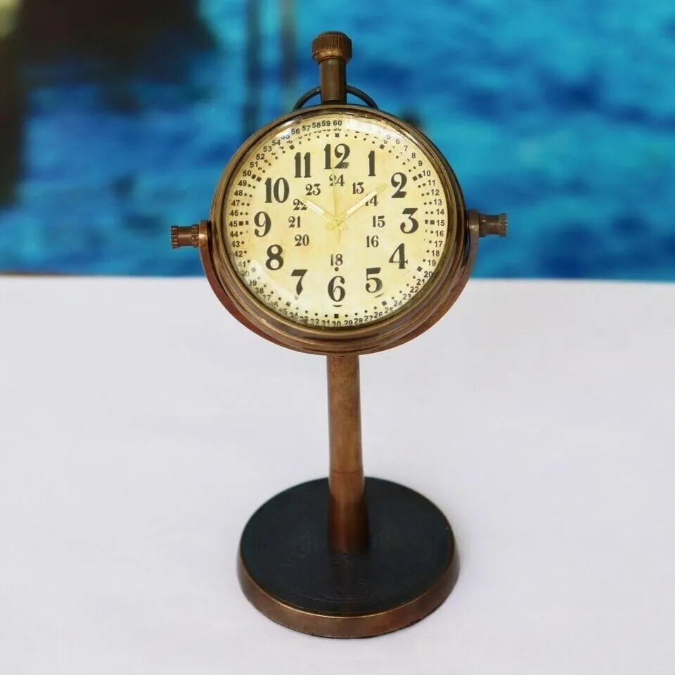 LINE WOOD™ - Handmade Antique Brass Table Clock Desk Clock Watches with Brass Rounded Shape Home & Office Decor (5 Inch - Brown)