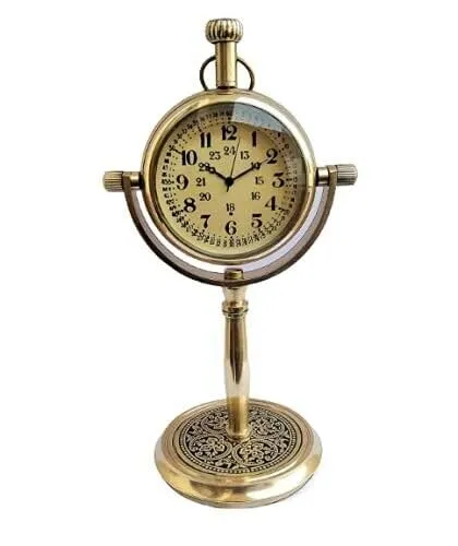 LINE WOOD™ - Handmade Antique Brass Table Clock Desk Clock Watches with Brass Rounded Shape Home & Office Decor (5 Inch - Shiny Brass)