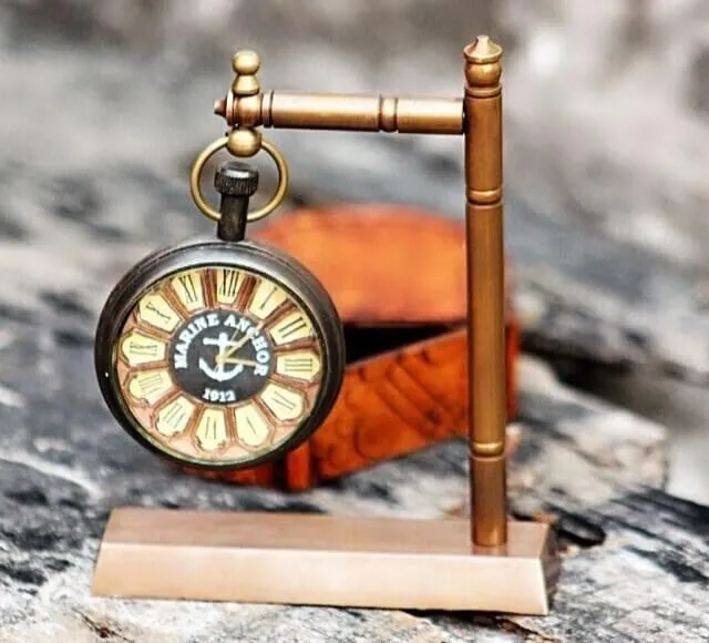 LINE WOOD™ - Handmade Antique Brass Table Clock Desk Clock Watches with Brass Square Base Home & Office Decor Wedding Gift (4.5 Inch - Multi Color)