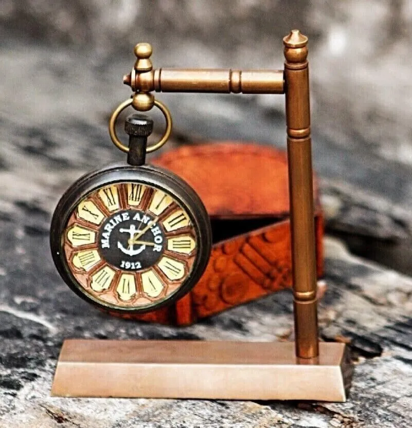 LINE WOOD™ - Handmade Antique Brass Table Clock Desk Clock Watches with Brass Square Base Home & Office Decor Wedding Gift (4.5 Inch - Multi Color)