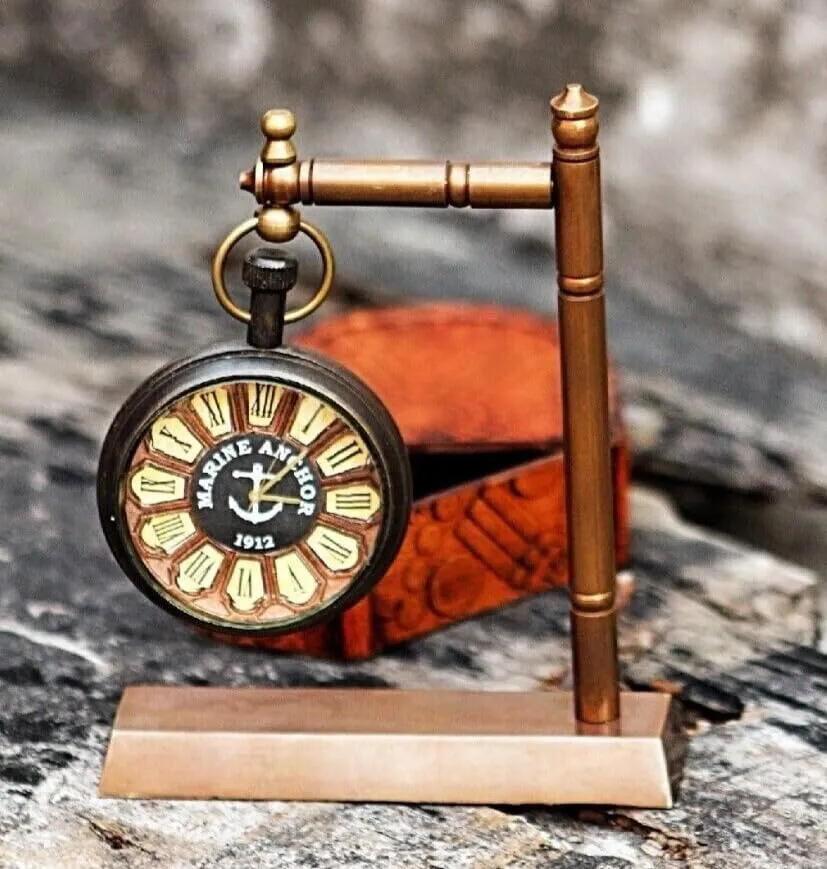 LINE WOOD™ - Handmade Antique Brass Table Clock Desk Clock Watches with Brass Square Base Home & Office Decor Wedding Gift (4.5 Inch - Multi Color)