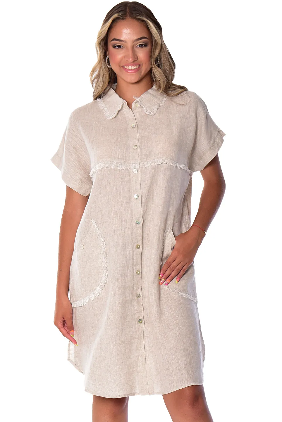 Linen Dress Fringe with Pockets by Azucar-LLWD2080