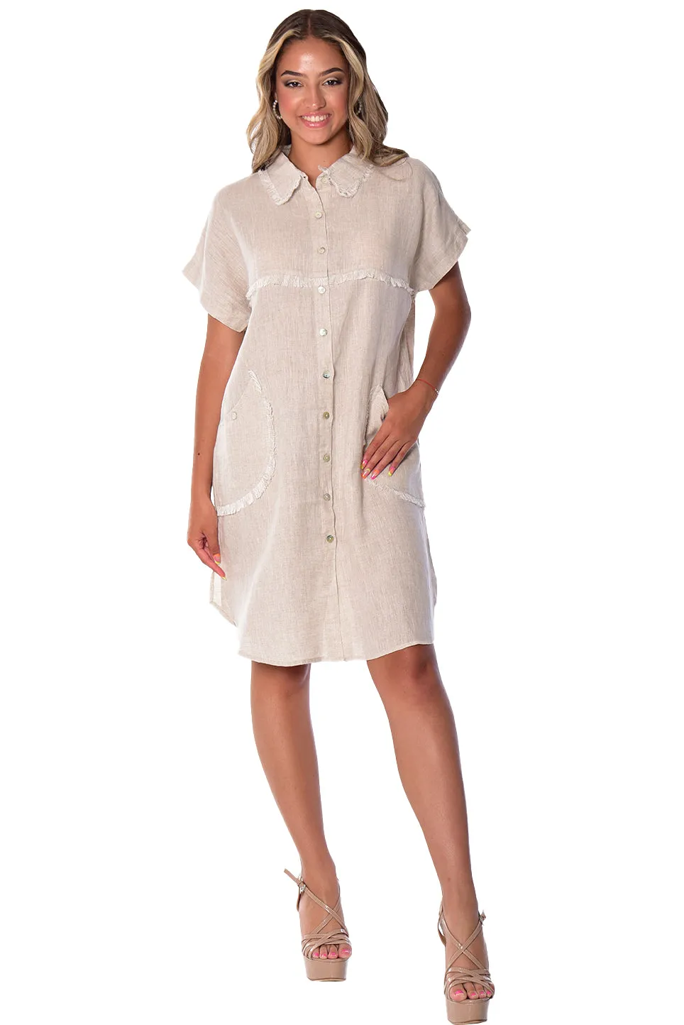 Linen Dress Fringe with Pockets by Azucar-LLWD2080