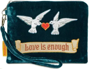 Love is Enough Doves - silk velvet embroidered wristlet. Teal.