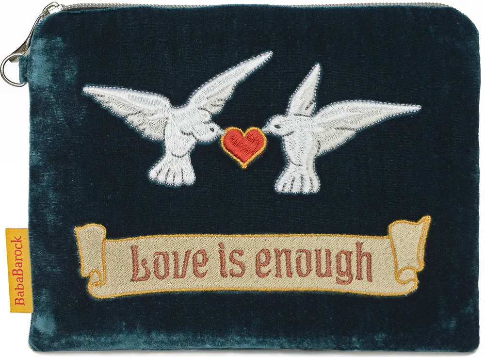 Love is Enough Doves - silk velvet embroidered wristlet. Teal.