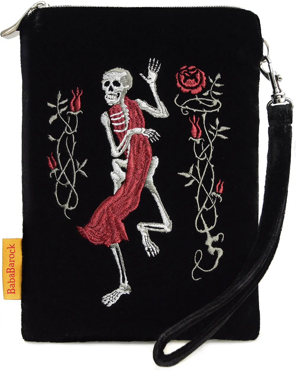 Memento Mori Skeleton - silk velvet embroidered wristlet pouch