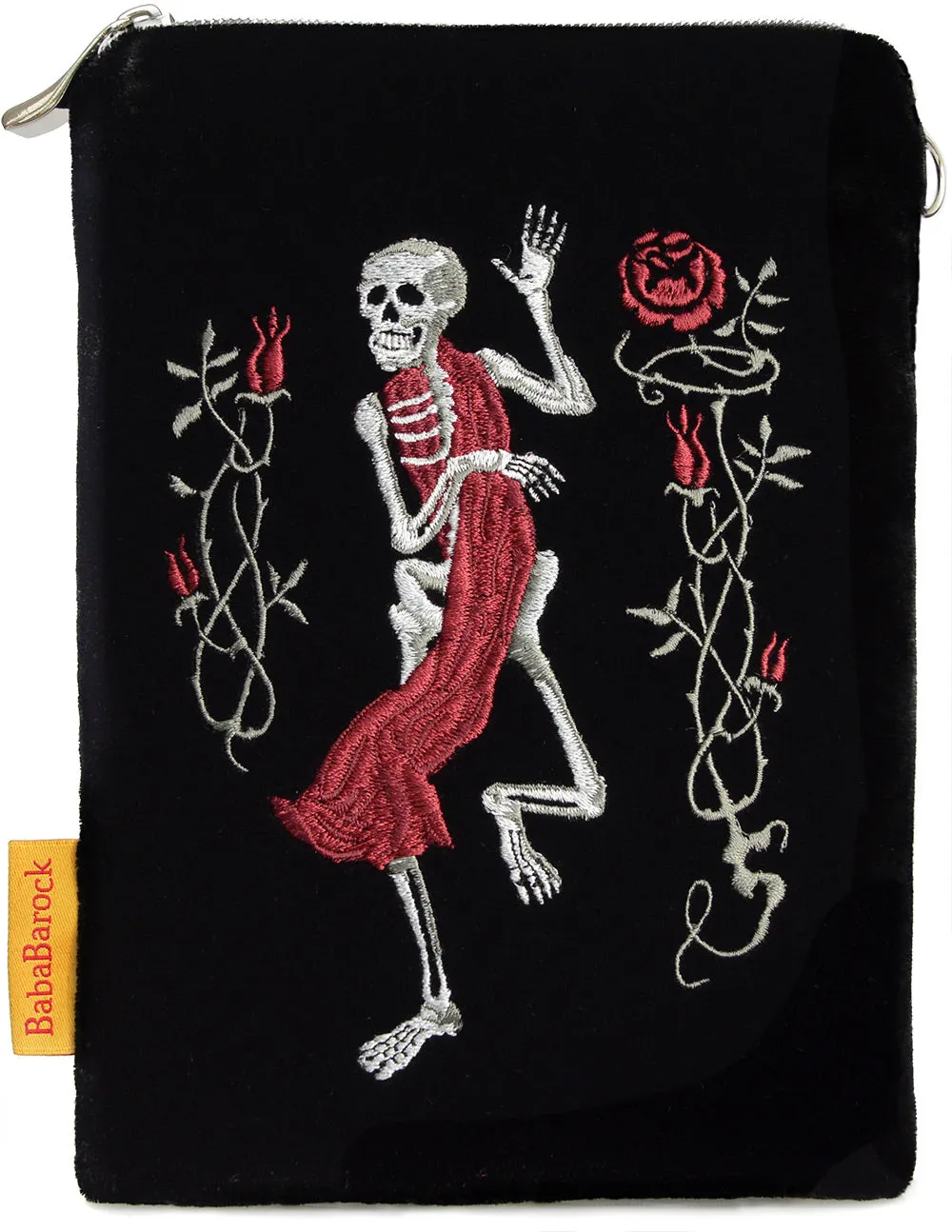 Memento Mori Skeleton - silk velvet embroidered wristlet pouch