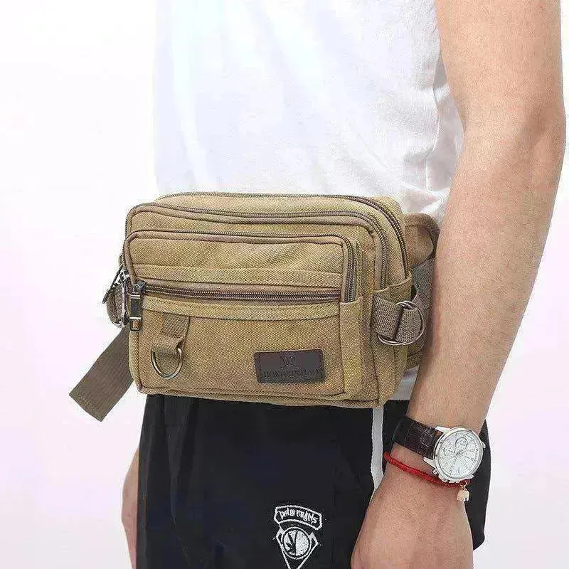 Men Canvas Fanny Pack With 4 Zipper Pockets Waist Bag