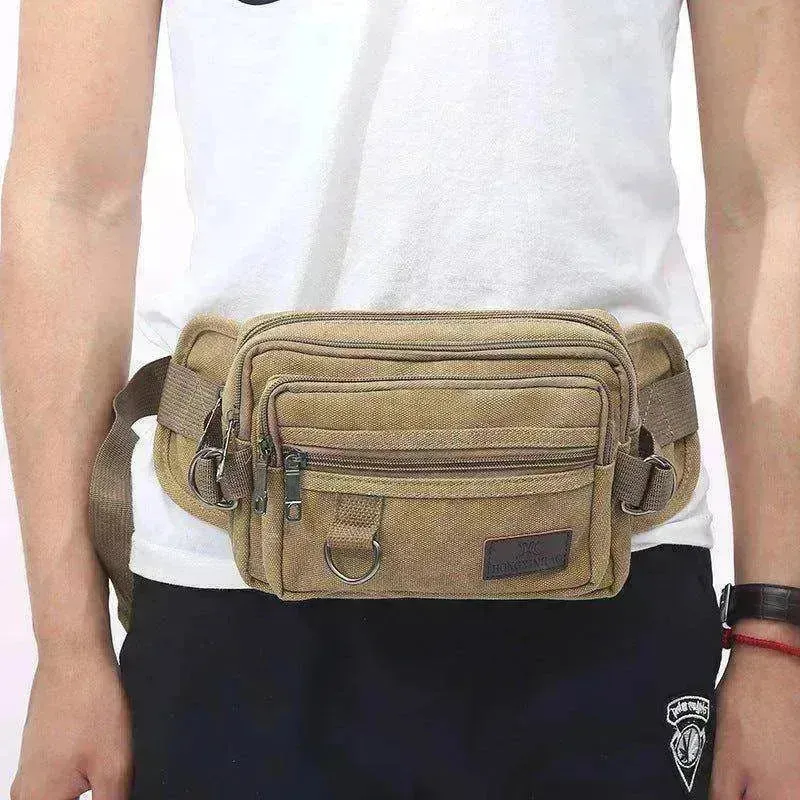 Men Canvas Fanny Pack With 4 Zipper Pockets Waist Bag