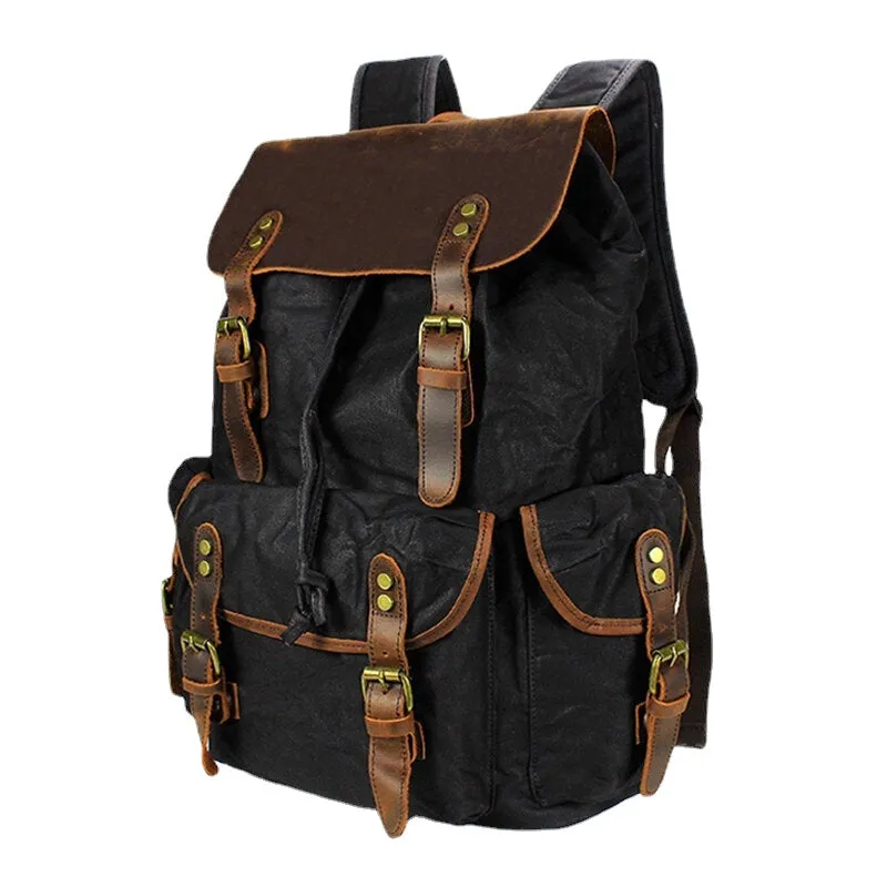 Men Oil Wax Canvas Casual Waterproof Multi-pocket Backpack Large Capacity 15.6 Inch Laptop Bag Shoulder Bag