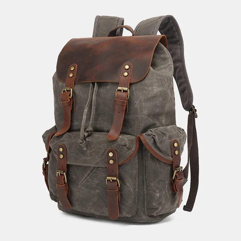 Men Oil Wax Canvas Casual Waterproof Multi-pocket Backpack Large Capacity 15.6 Inch Laptop Bag Shoulder Bag