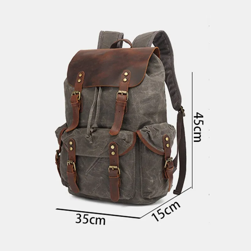 Men Oil Wax Canvas Casual Waterproof Multi-pocket Backpack Large Capacity 15.6 Inch Laptop Bag Shoulder Bag