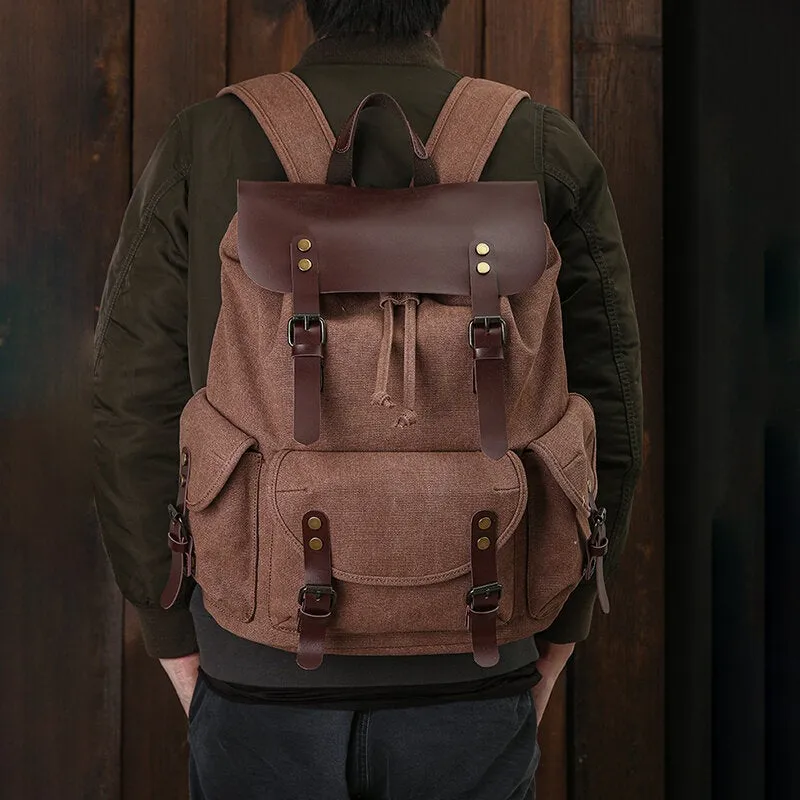 Men Oil Wax Canvas Casual Waterproof Multi-pocket Backpack Large Capacity 15.6 Inch Laptop Bag Shoulder Bag