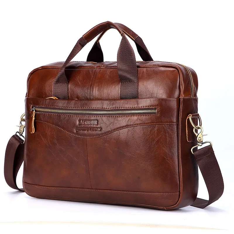 Mens Casual Genuine Leather Travel Laptop Bag