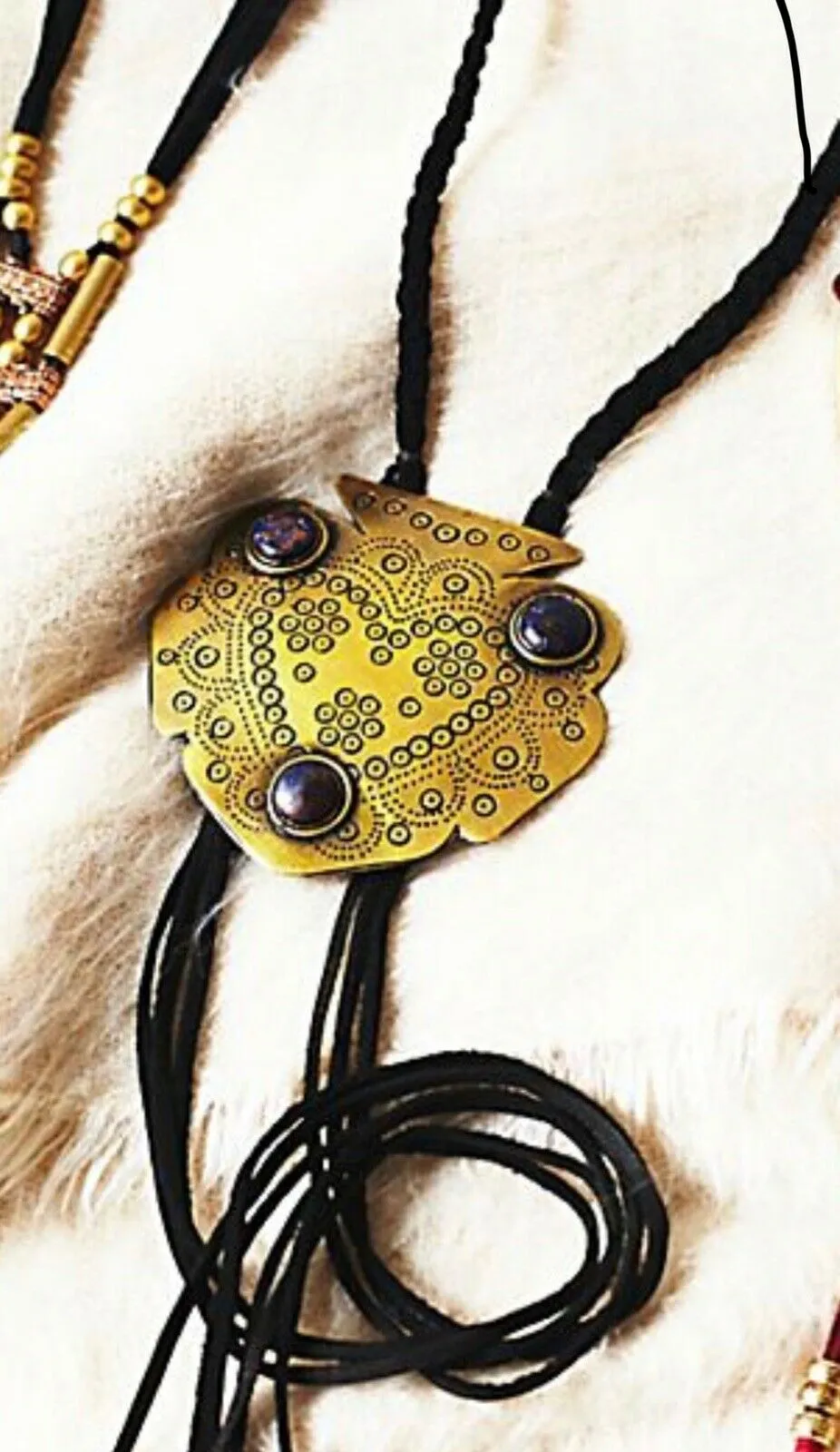 Montana Bolo Tie Necklace Genuine Leather Fringe And Boho Etched Gold Tone Pendant With Black Stones