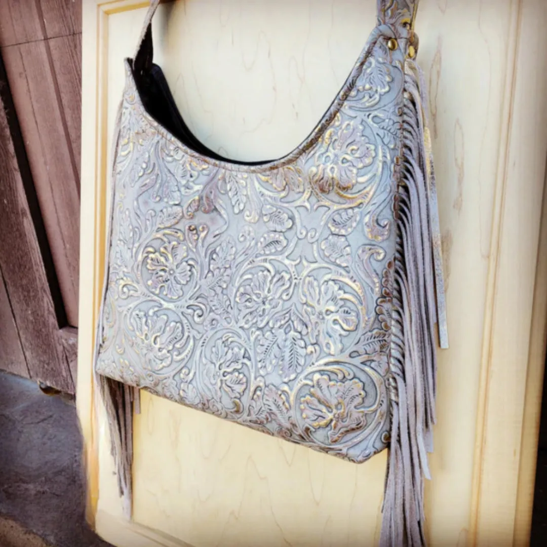 Montana Leather Hobo Handbag in Gilded Cowboy & Fringe