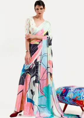 Multi Colored Digital Printed Satin Crepe Saree