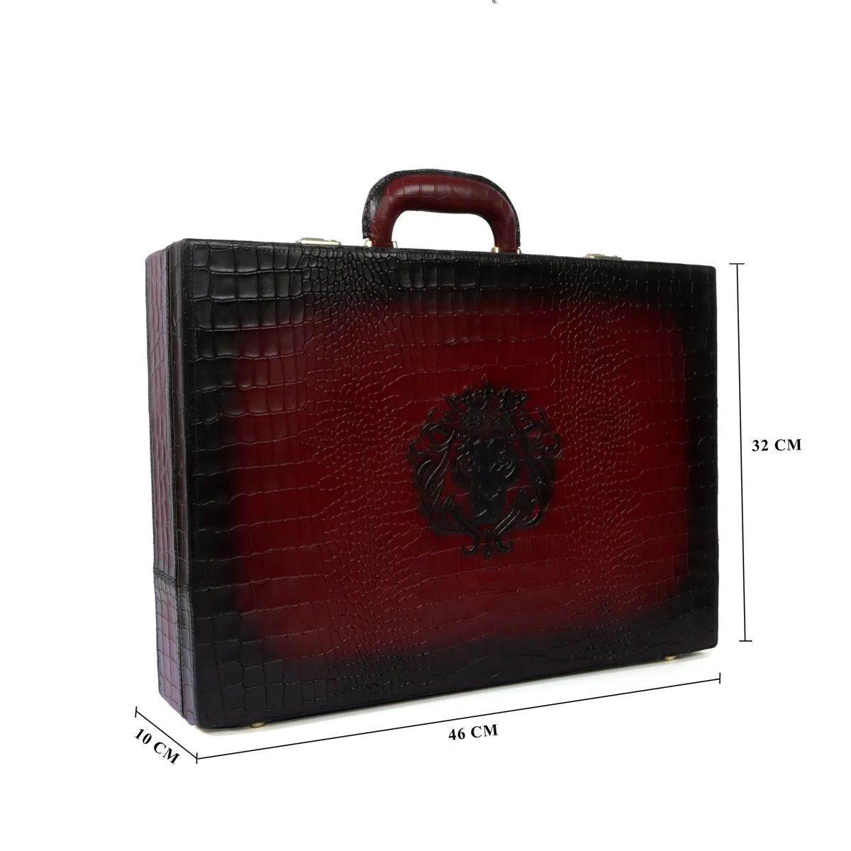 Multi-Functional Office Briefcase in Wine Croco Textured Leather with Embossed Lion